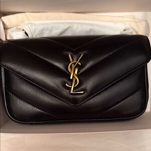 Saint Laurent Black Leather Chevron Quilted Crossbody with Gold YSL Logo